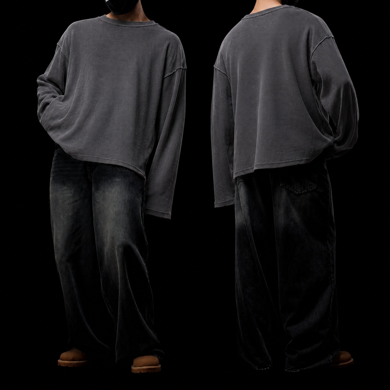 Acidwash Long Sleeve Waffle Knitted T-Shirt